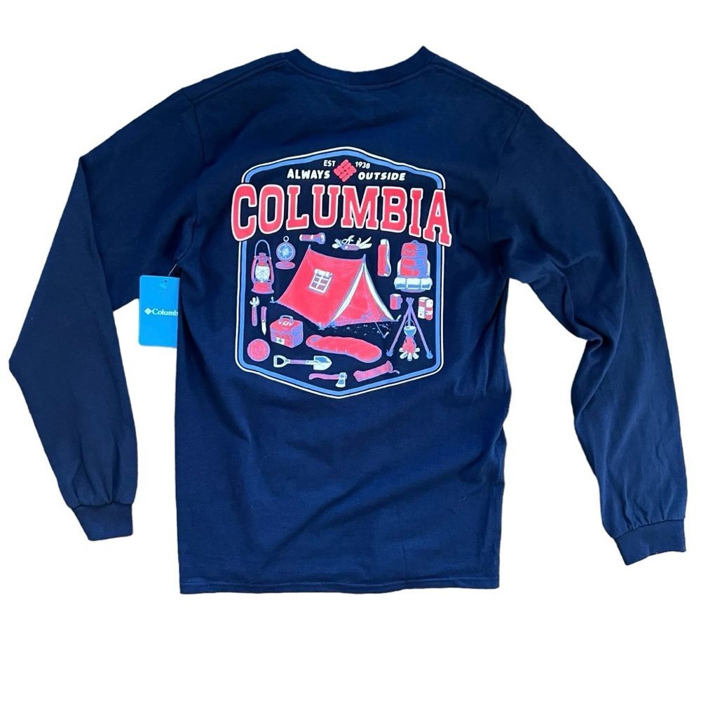 NWT Columbia Sportswear Camping Graphic Blue Red Long Sleeve T-Shirt Men's sz S